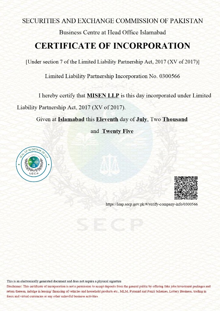 MISEN LLP certificate of incorporation